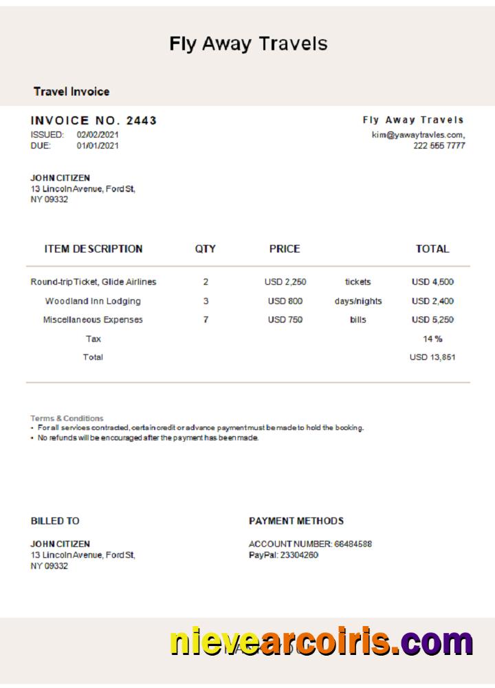 USA Fly Away Travels invoice